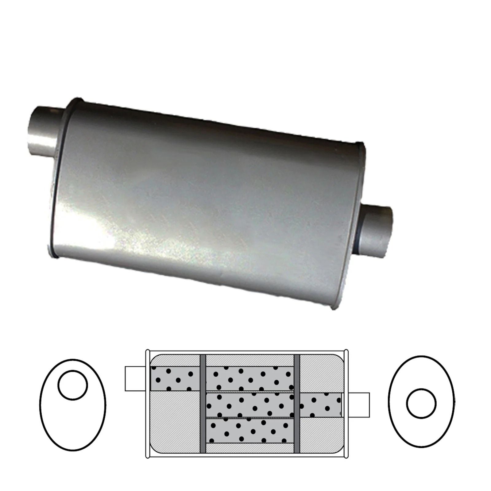 Redback - 2.5" Triflow Universal Muffler Offset/Centre 355x254x101mm Oval Aluminised Steel With Spigots