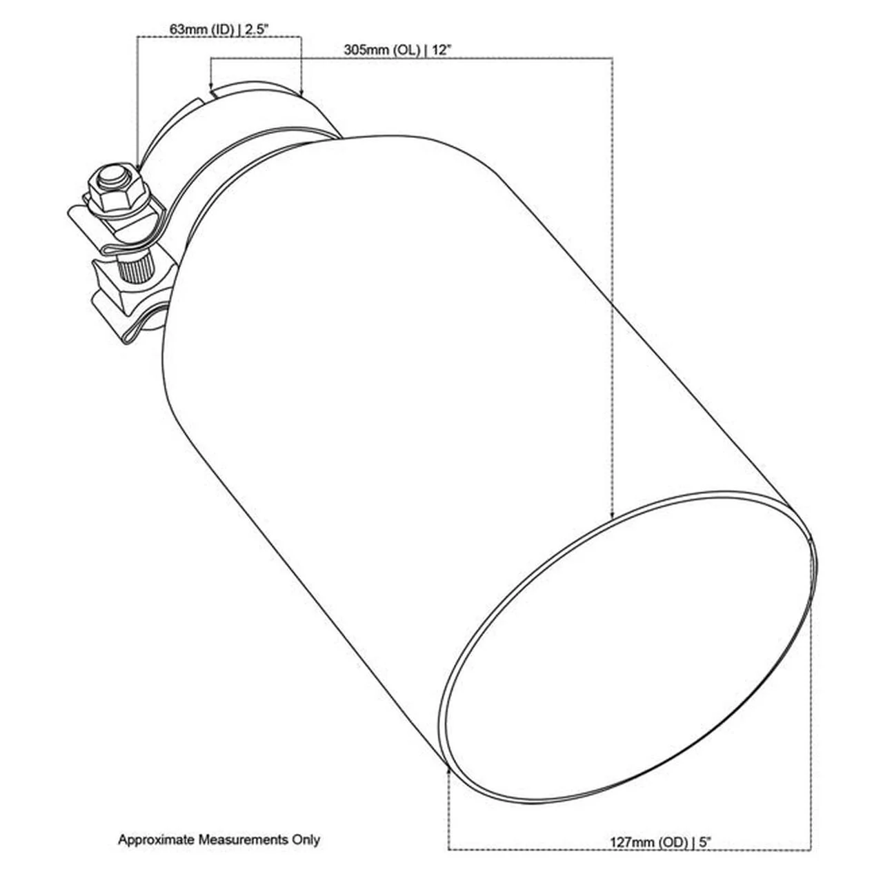 Exhaust Tip - 2 1/2" In 5" Out 12" Long SS304 (Clamped Tip- Angle Cut) - Image 2