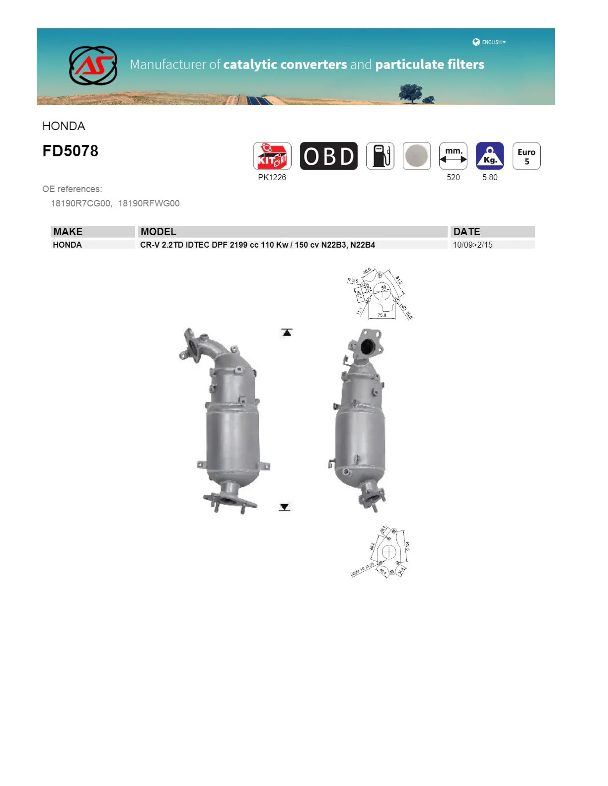 AS Catalysts Diesel Particulate Filter Honda CR-V RM 2.2L i-DTEC SUV 2013–2015 - FD5078 - Image 3