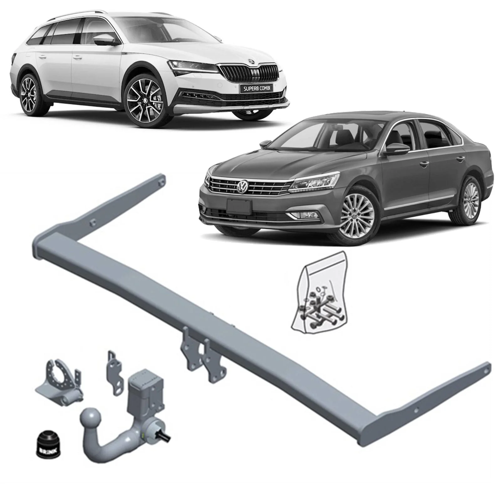BRINK | Vertical Towbar & Universal Wiring | Skoda Superb & VW Passat B8 2014–On | BR-614700-K301