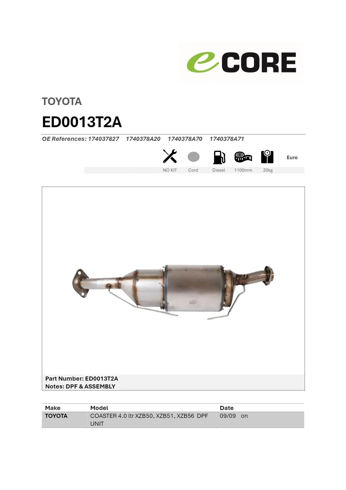 Ecore DPF & DOC Assembly Toyota Coaster 4.0L N04C Bus 2009–On - ED0013T2A - Image 2