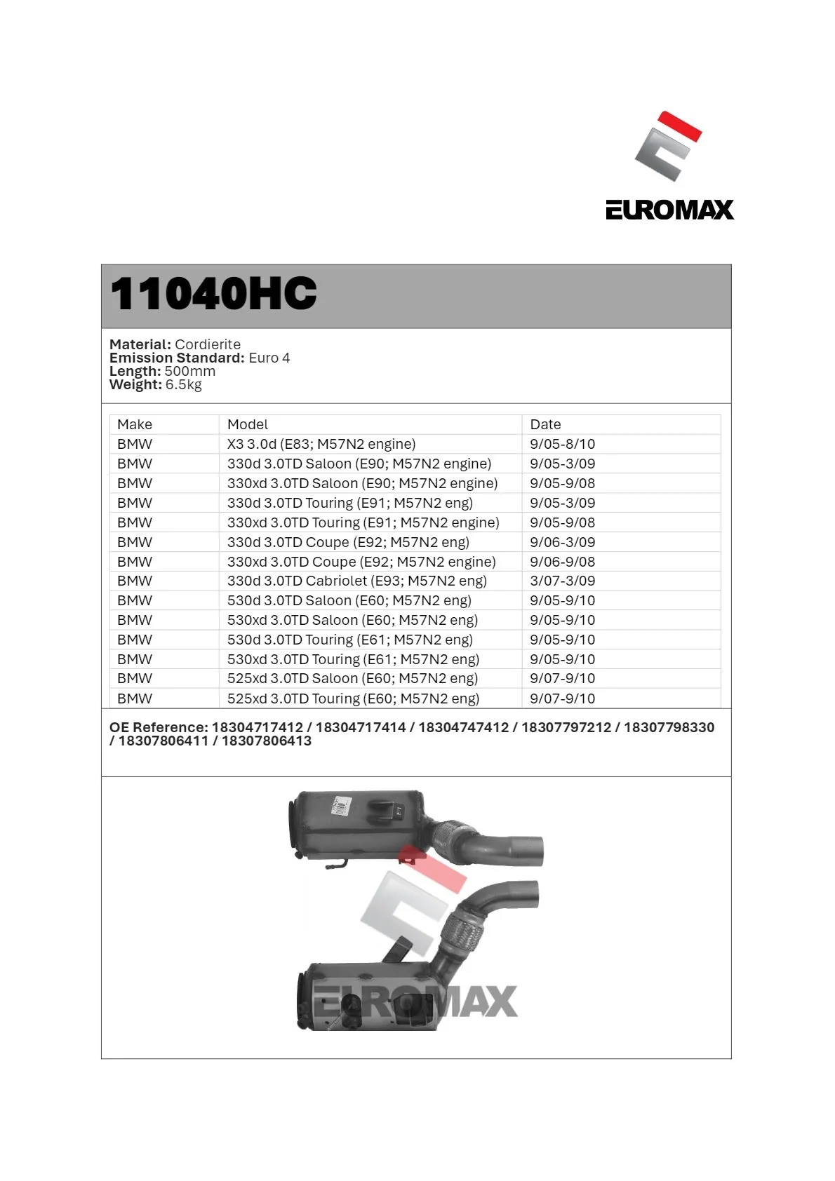 Euromax Diesel Particulate Filter BMW 330d E90 E92 E93 530d E60 3.0L M57 N57 2005–2009 - 11040HC - Image 2