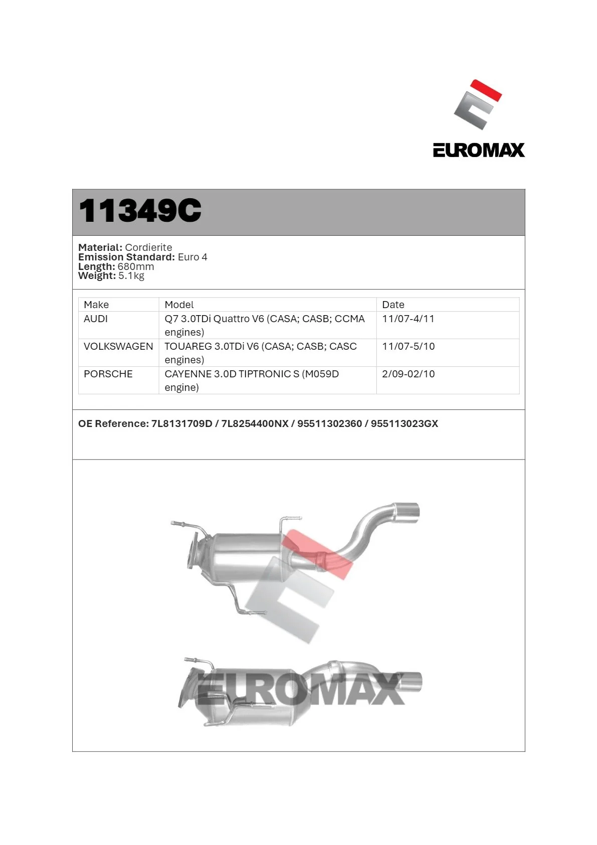 Euromax Diesel Particulate Filter VW Touareg Audi Q7 3.0L CASA Single Pipe SUV 2007–2010 - 11349C - Image 2