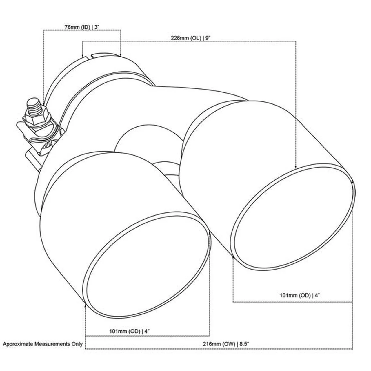 Exhaust Tip - 3 Inch In - Dual 4 Inch Out - 9" Long LHS (Y-Piece - Inner Cone - 304 Black Chrome) - Image 2