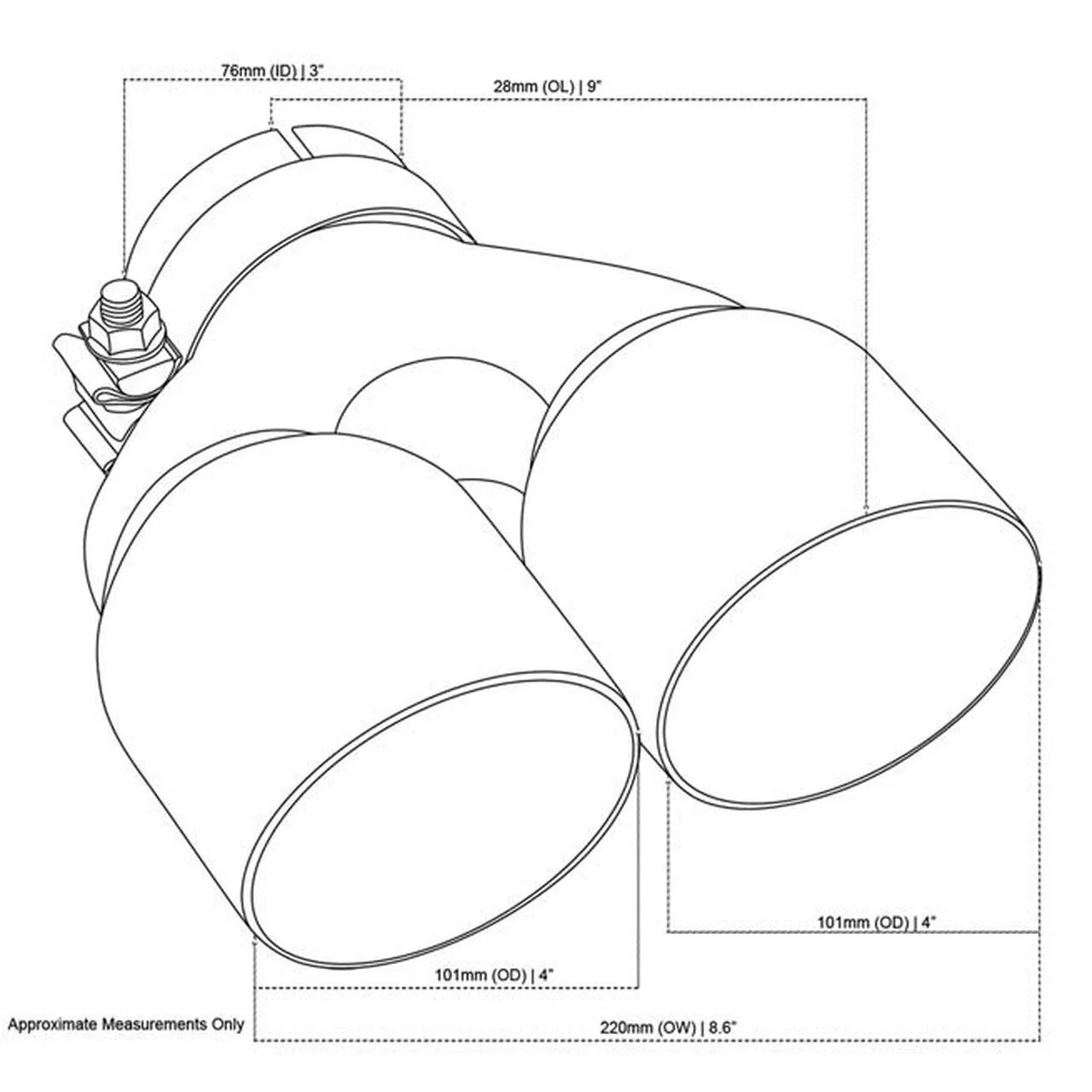 Exhaust Tip - 3 Inch In - Dual 4" Out - 9" Long RHS (Y-Piece - Inner Cone - Stainless Steel) - Image 2