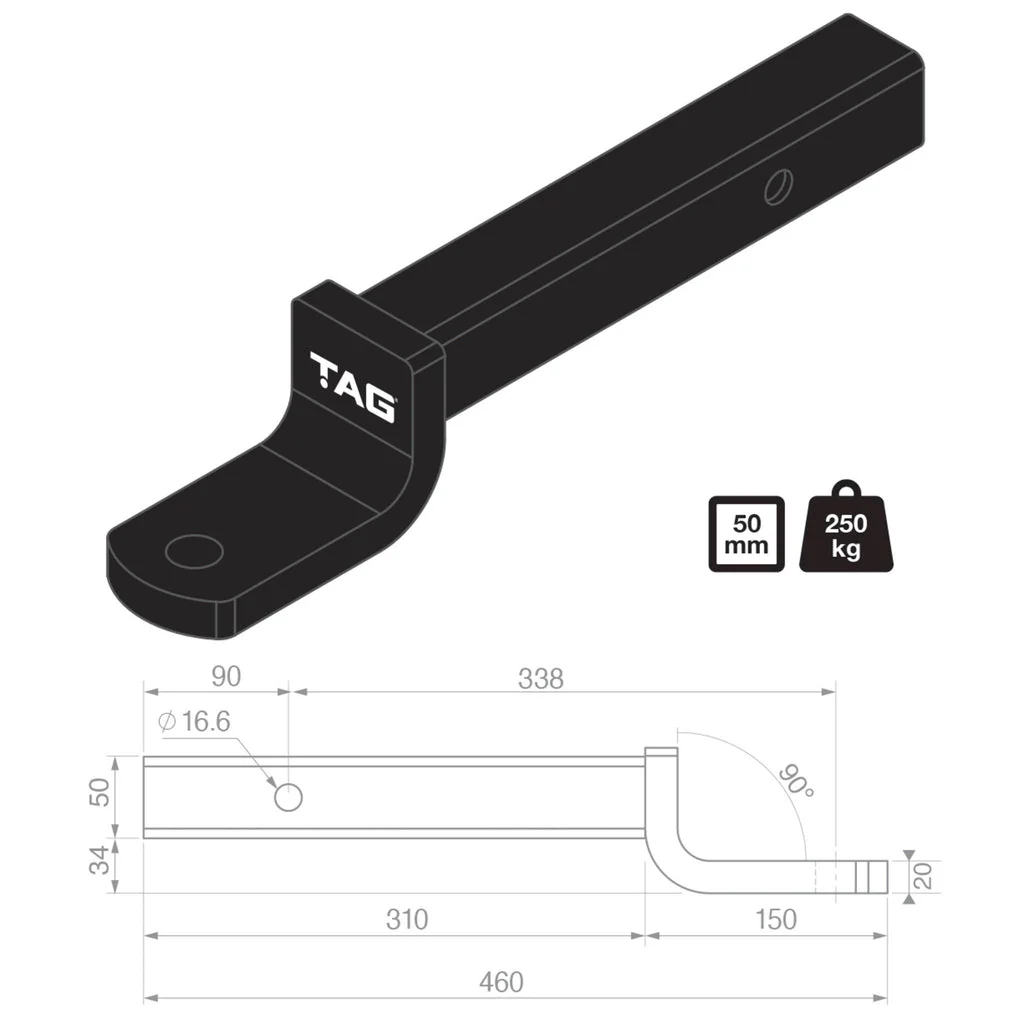 TAG | Heavy Duty Tow Ball Mount | 338mm Extra Long 40mm Drop 50mm Square Hitch | L4310 - Image 2