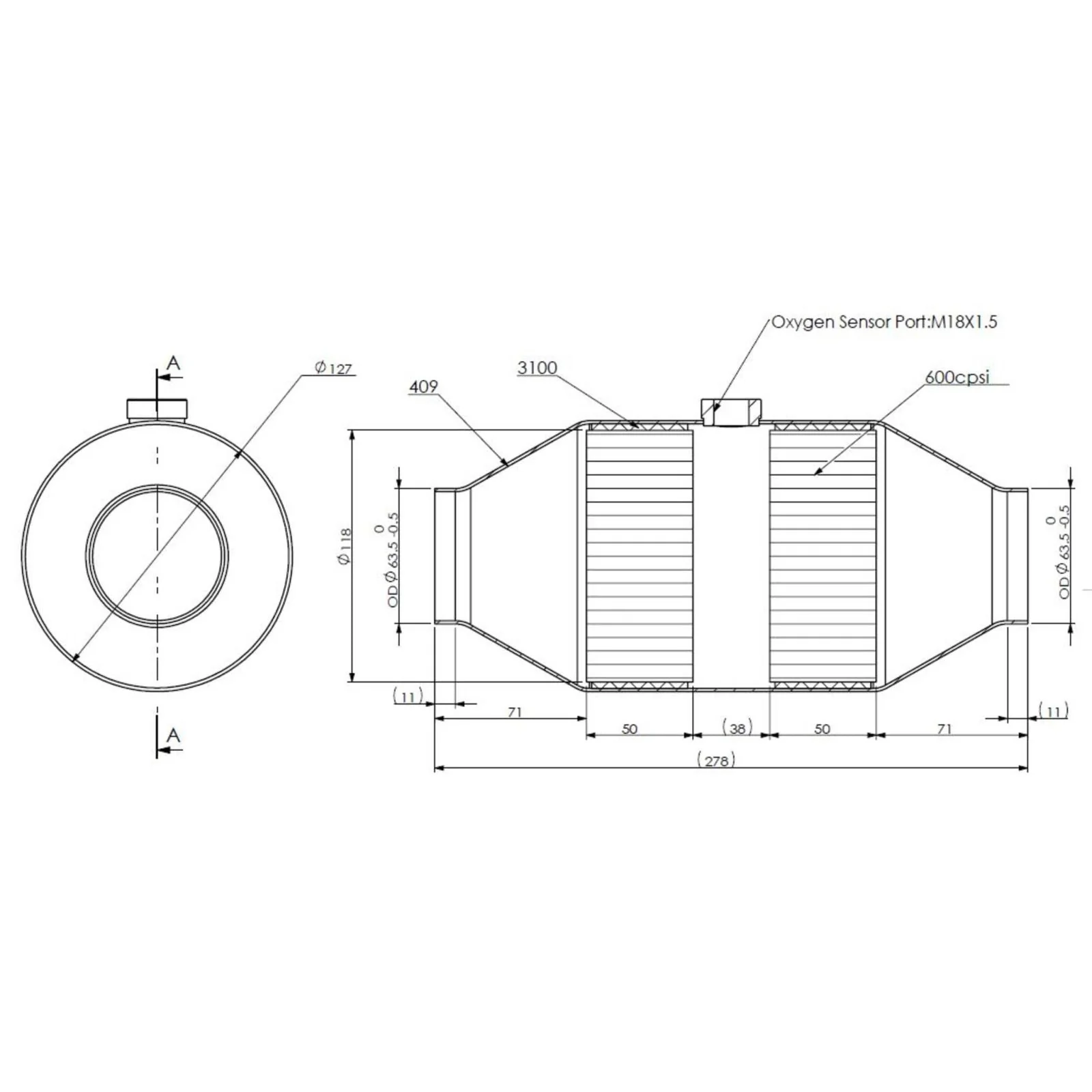 Redback - 2 1/2" Ceramic Universal Catalytic Converter Centre/Centre Wide Body Round Petrol Euro 6 - Image 3