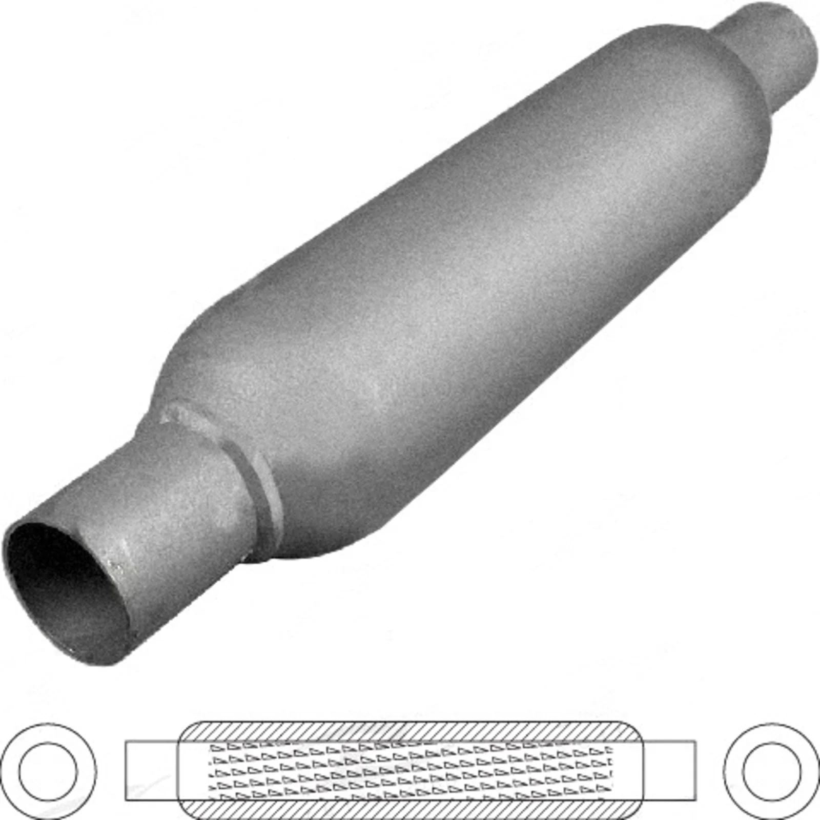 Redback - 2.5" Hotdog Muffler Centre/Centre 254x89mm Round Mild Steel Spiral Louvered With Spigots