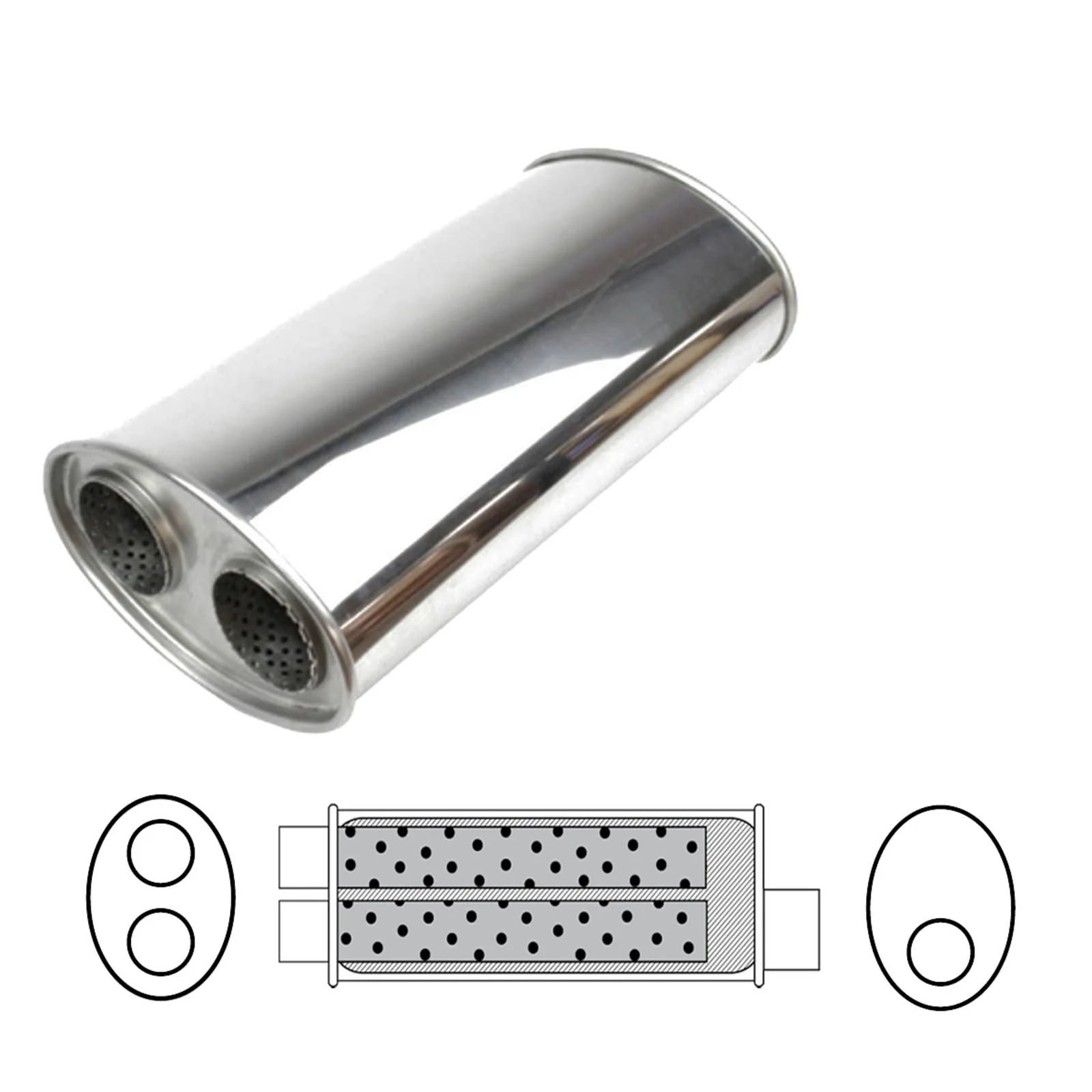 REDBACK | 8" x 5" Oval Muffler 14" Long | Single 2.5" In Twin 2.25" Out Stainless | D727VSS