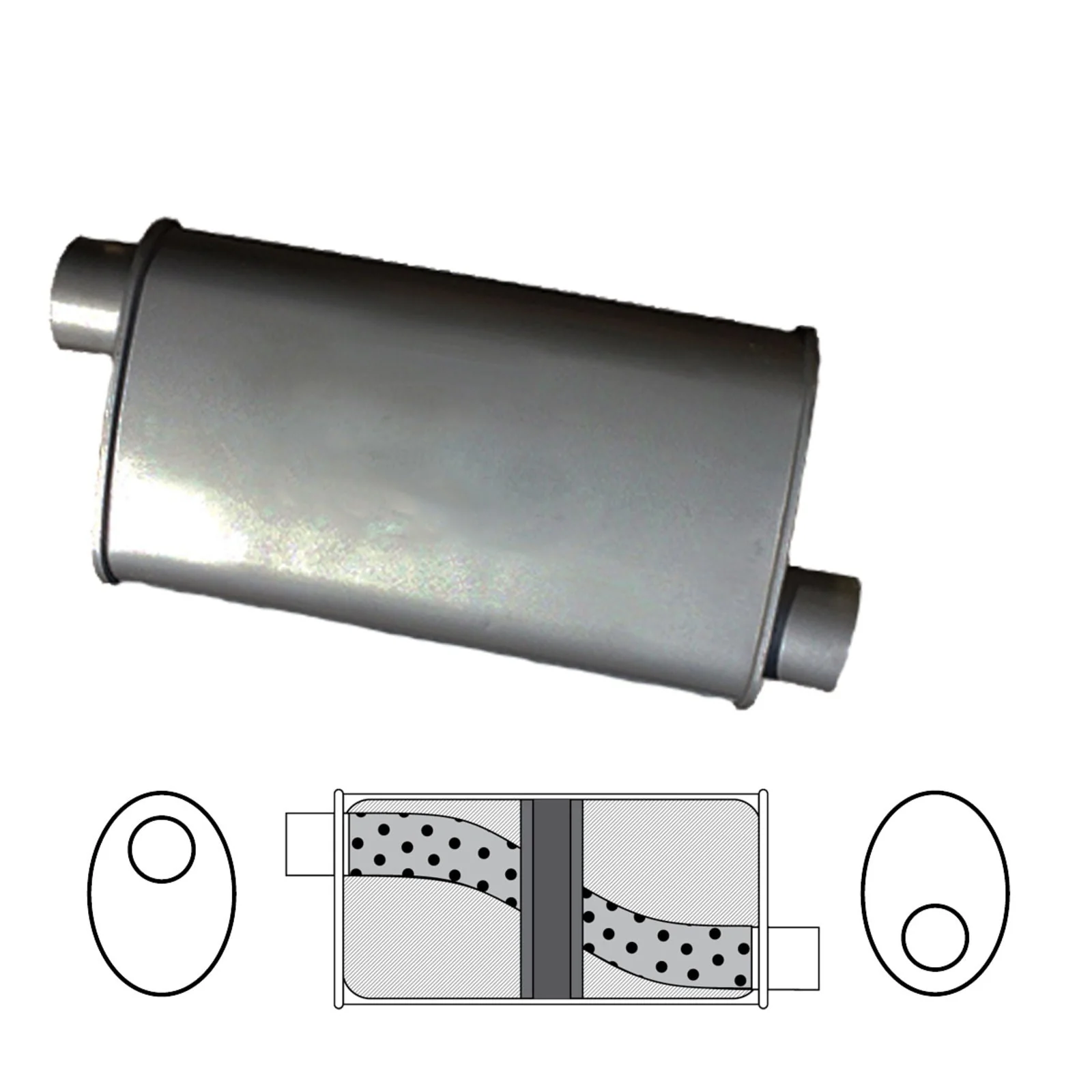 Redback - 2.25" Chambered Universal Muffler Offset/Offset 14"x8"x4" Oval Glass Packed - Image 2