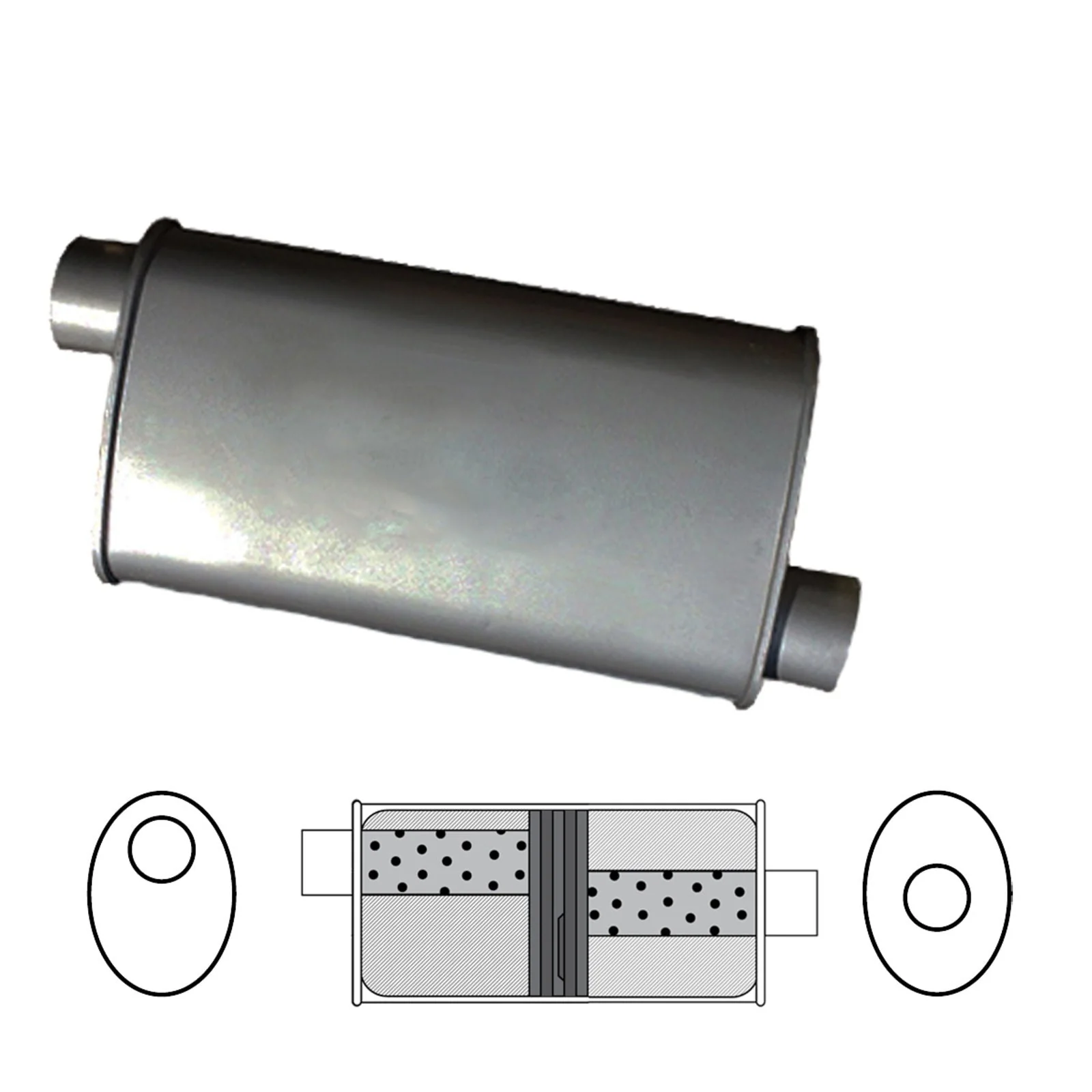 Redback - 2 1/4" Baffled Universal Muffler Offset/Centre 355x203x101mm Oval Aluminised Steel Glass Packed