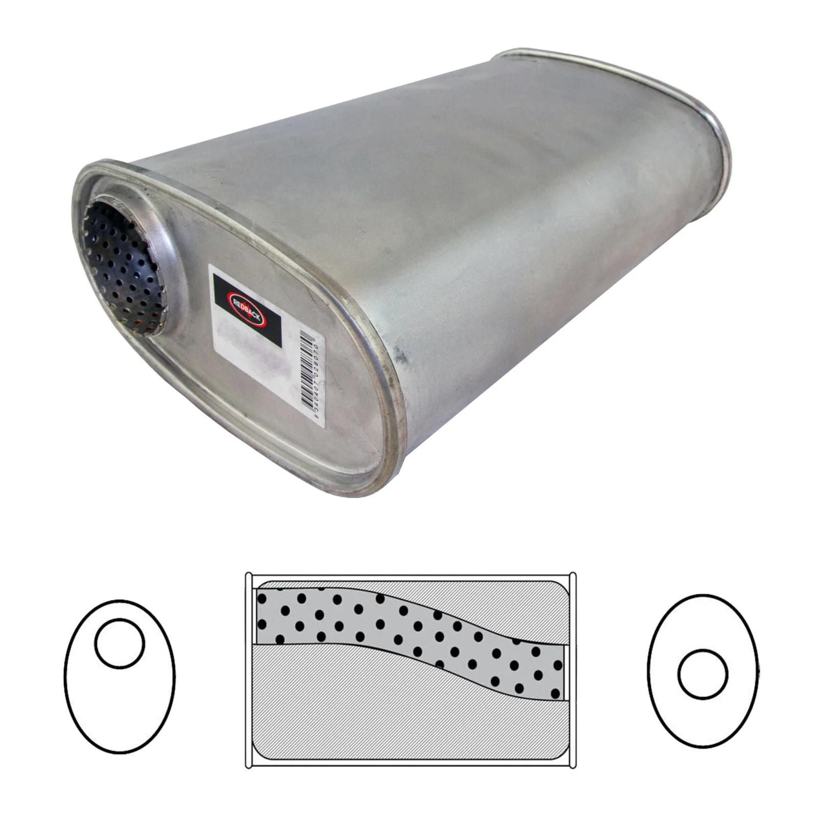 Redback 2.25" Universal Muffler Offset/Centre 14"x8"x4" Oval Aluminised Steel Megaflow