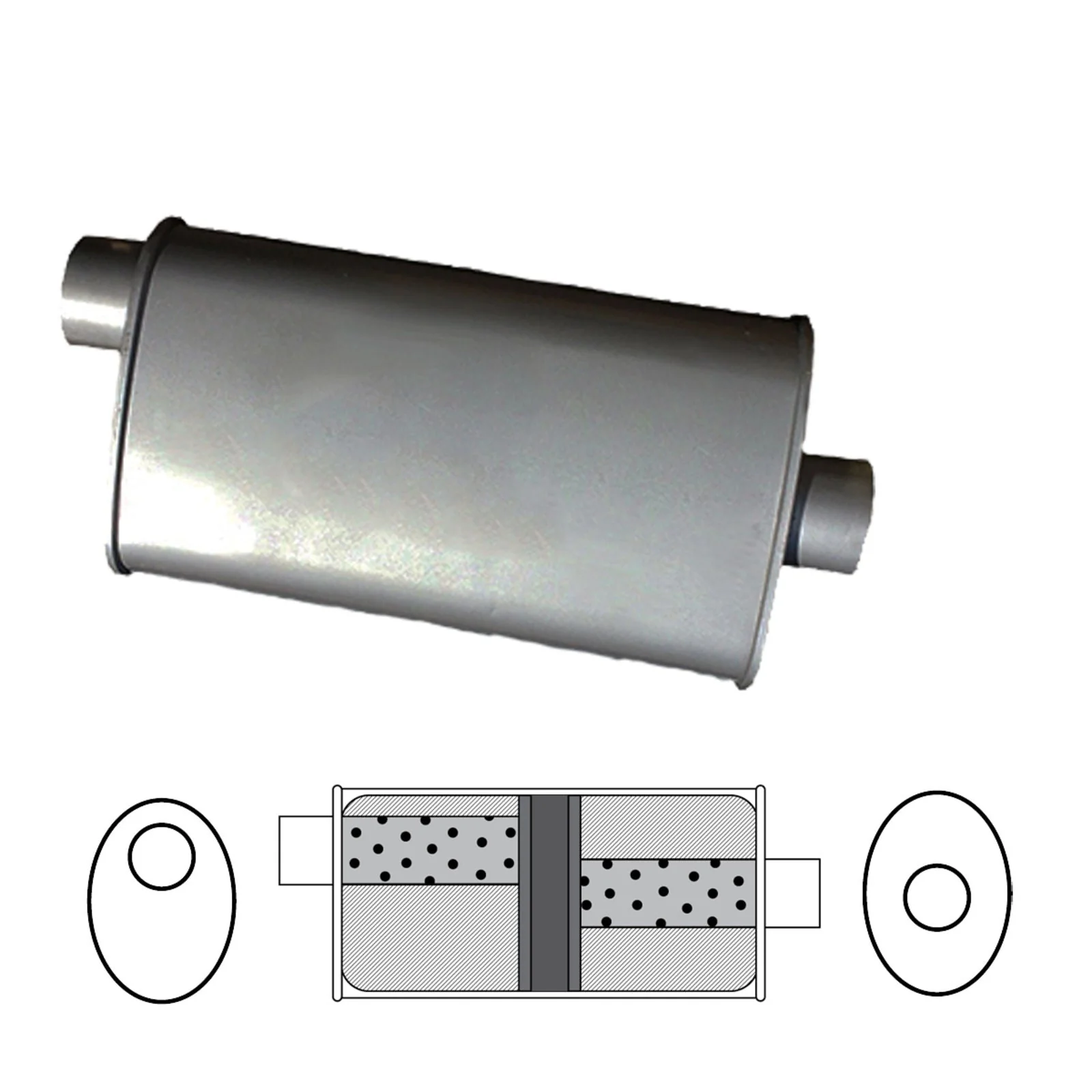 Redback - 8" x 4" Oval, 18" Long, 2 1/2" Offset/Centre Glass Packed Chambered Universal Muffler