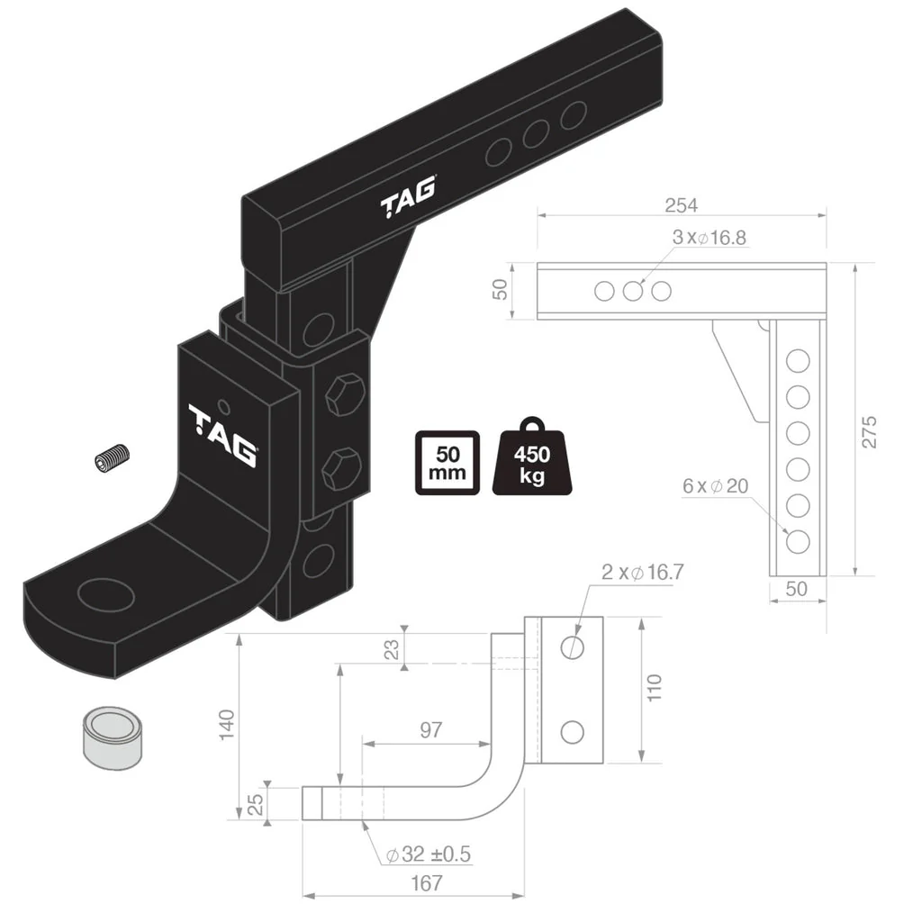 TAG | Adjustable Heavy Duty Tow Ball Mount 90° Face | Universal 50mm Square Hitch | UNTTBM450 - Image 3