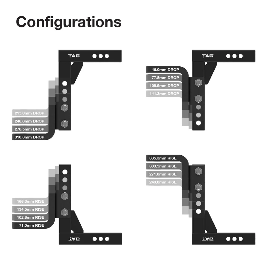 TAG | Adjustable Heavy Duty Tow Ball Mount 90° Face | Universal 50mm Square Hitch 310mm Drop | UNTTBM10 - Image 2