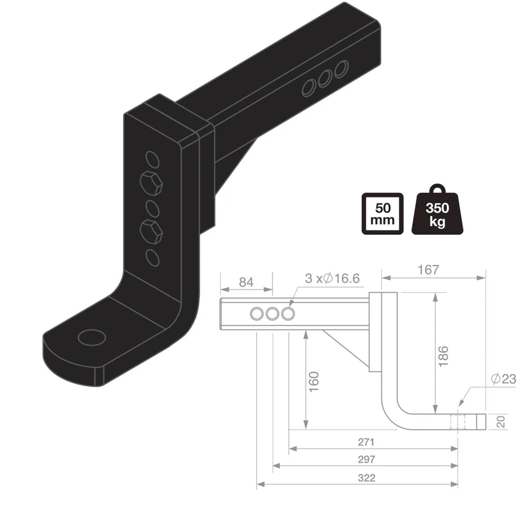TAG | Adjustable Heavy Duty Tow Ball Mount 90° Face | Universal 50mm Square Hitch 297mm Long | L4435 - Image 3
