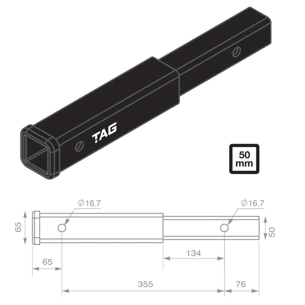 TAG | Hitch Extender 356mm Long | 50mm Square Hitch Bike Rack Use Only | L4H01 - Image 2