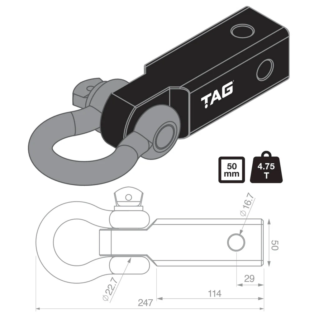 TAG | Recovery Hitch with Fixed Bow Shackle | 4.75T Rated 50mm Square Hitch | L4R01 - Image 2