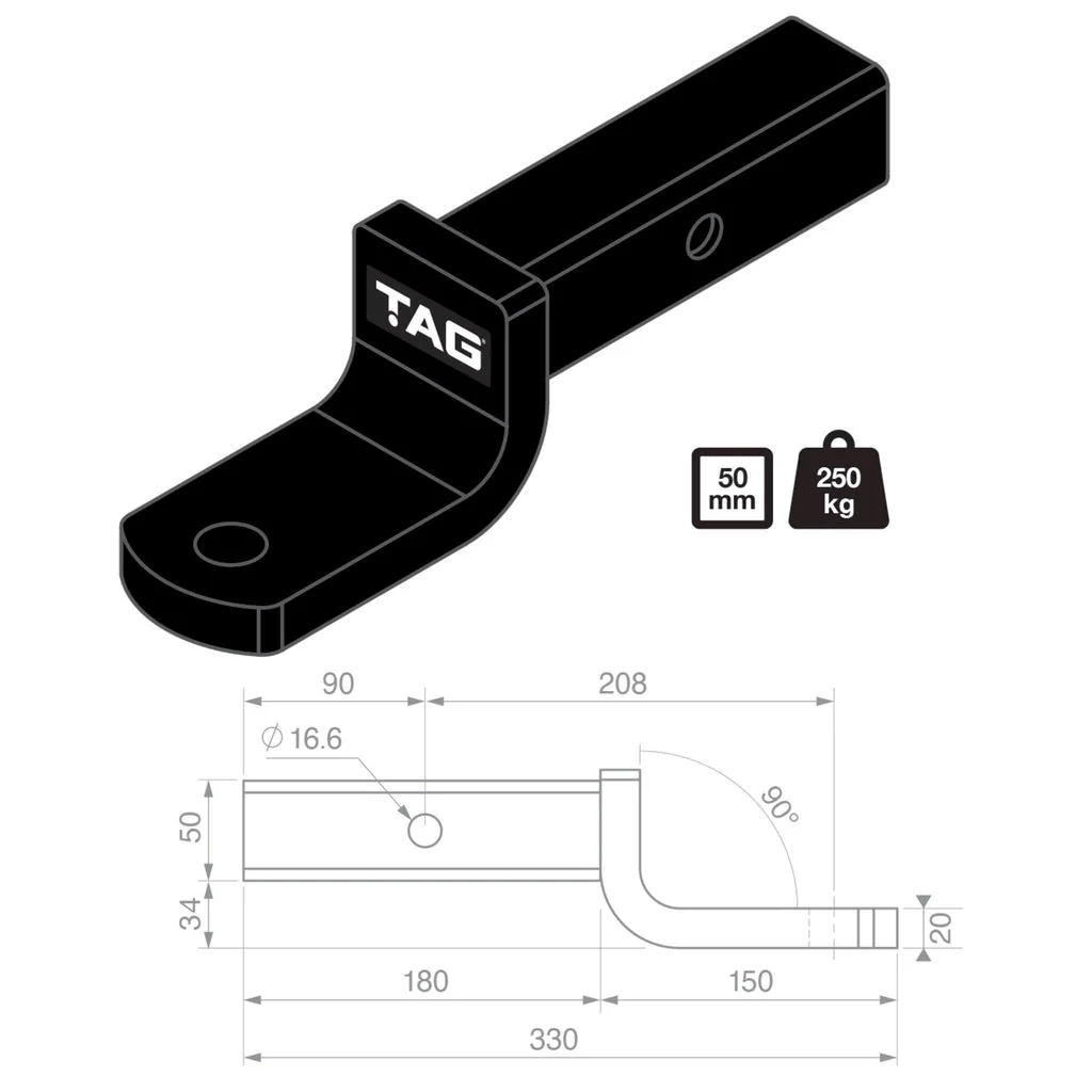 TAG | Tow Ball Mount 50mm Square Hitch | 208mm Long 40mm Drop 2500kg GTW | L4180 - Image 2